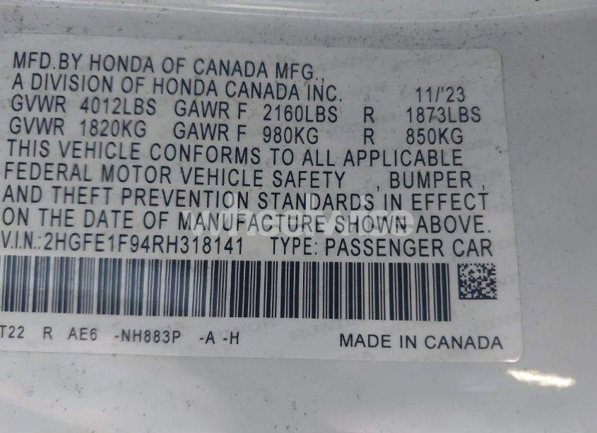 Photo 9 of 2024 Honda Civic TOURING (VIN 2HGFE1F94RH318141)