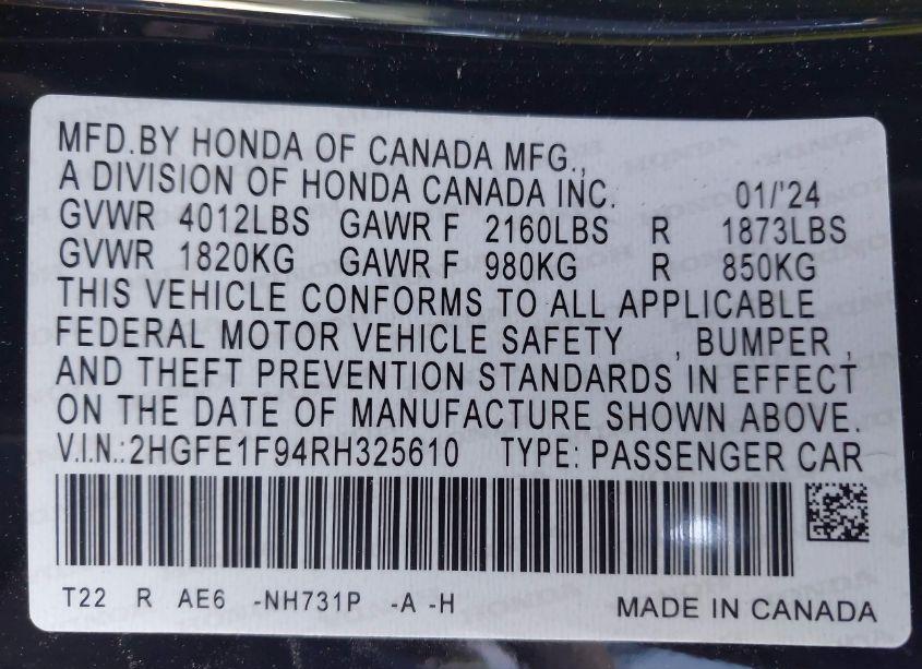Photo 9 of 2024 Honda Civic TOURING (VIN 2HGFE1F94RH325610)