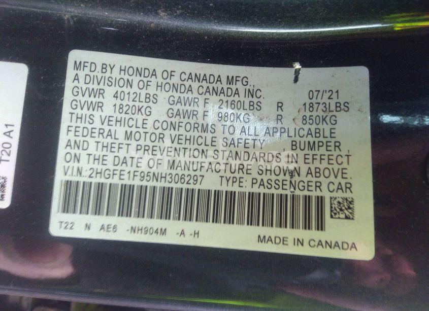 Photo 9 of 2022 Honda Civic TOURING (VIN 2HGFE1F95NH306297)