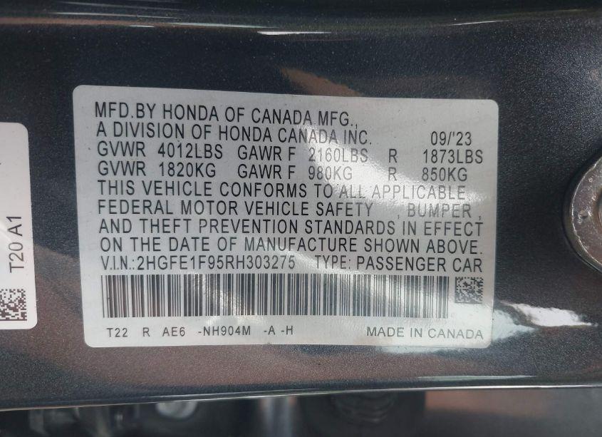 Photo 9 of 2024 Honda Civic TOURING (VIN 2HGFE1F95RH303275)