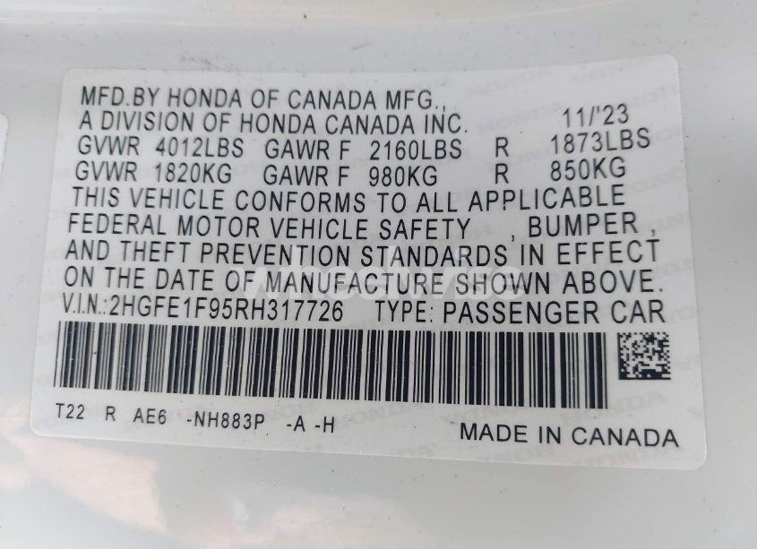 Photo 9 of 2024 Honda Civic TOURING (VIN 2HGFE1F95RH317726)