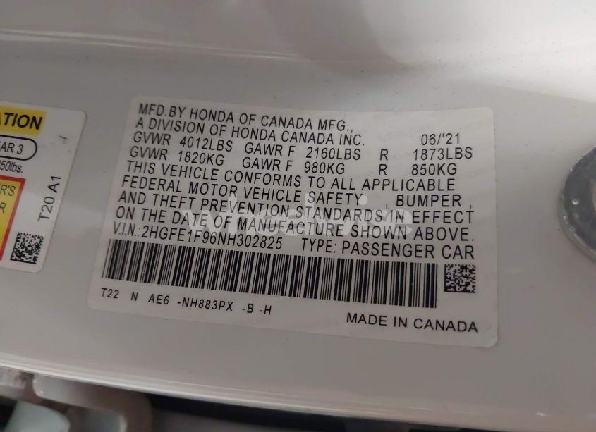 Photo 9 of 2022 Honda Civic TOURING (VIN 2HGFE1F96NH302825)