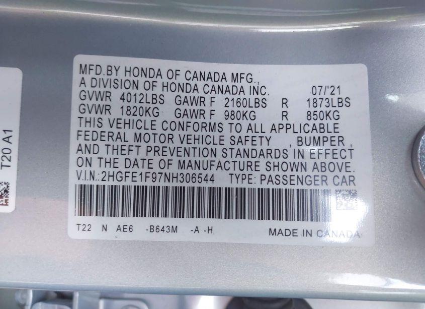 Photo 9 of 2022 Honda Civic TOURING (VIN 2HGFE1F97NH306544)