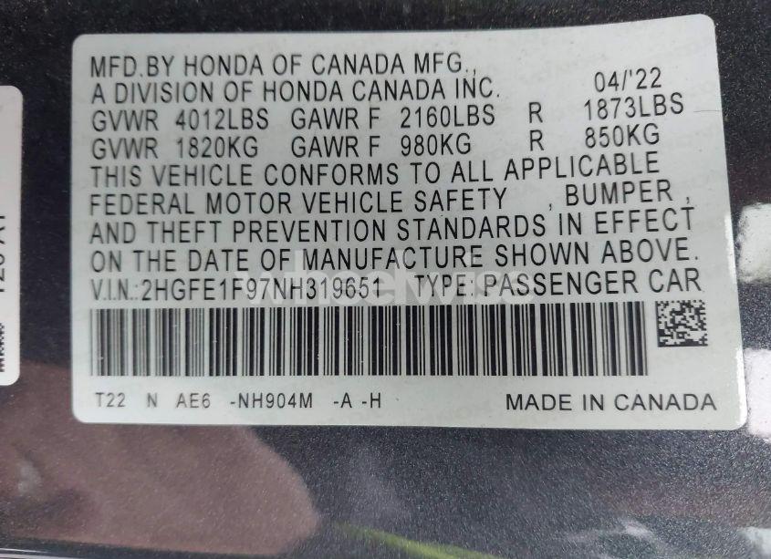 Photo 9 of 2022 Honda Civic TOURING (VIN 2HGFE1F97NH319651)