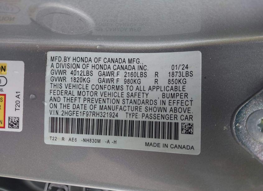Photo 9 of 2024 Honda Civic TOURING (VIN 2HGFE1F97RH321924)
