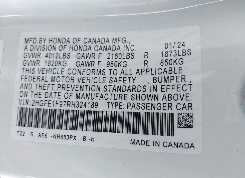 Photo 9 of 2024 Honda Civic TOURING (VIN 2HGFE1F97RH324189)