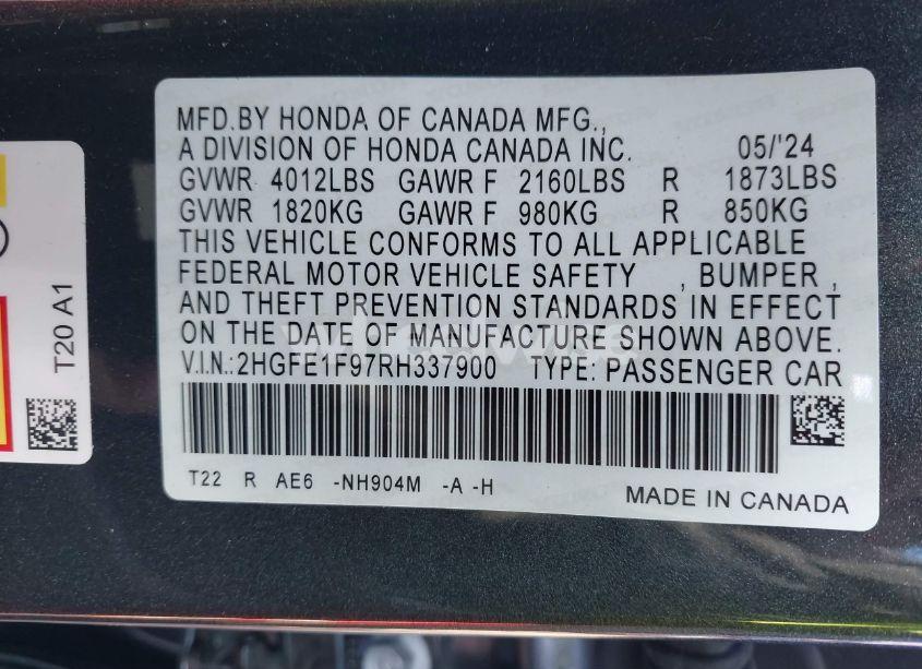 Photo 9 of 2024 Honda Civic TOURING (VIN 2HGFE1F97RH337900)