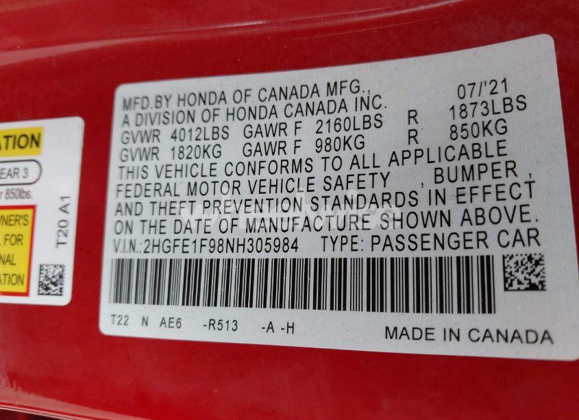 Photo 9 of 2022 Honda Civic TOURING (VIN 2HGFE1F98NH305984)