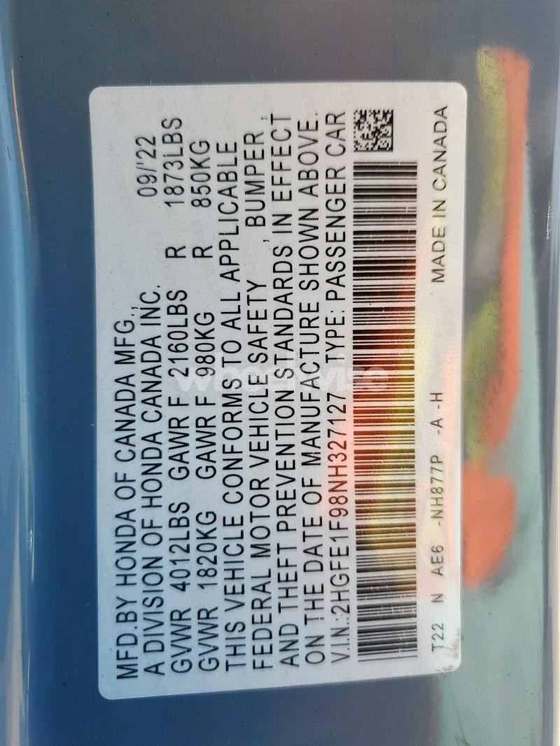 Photo 9 of 2022 HONDA CIVIC TOURING (VIN 2HGFE1F98NH327127)