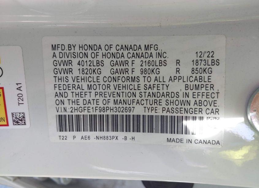 Photo 9 of 2023 Honda Civic TOURING (VIN 2HGFE1F98PH302697)