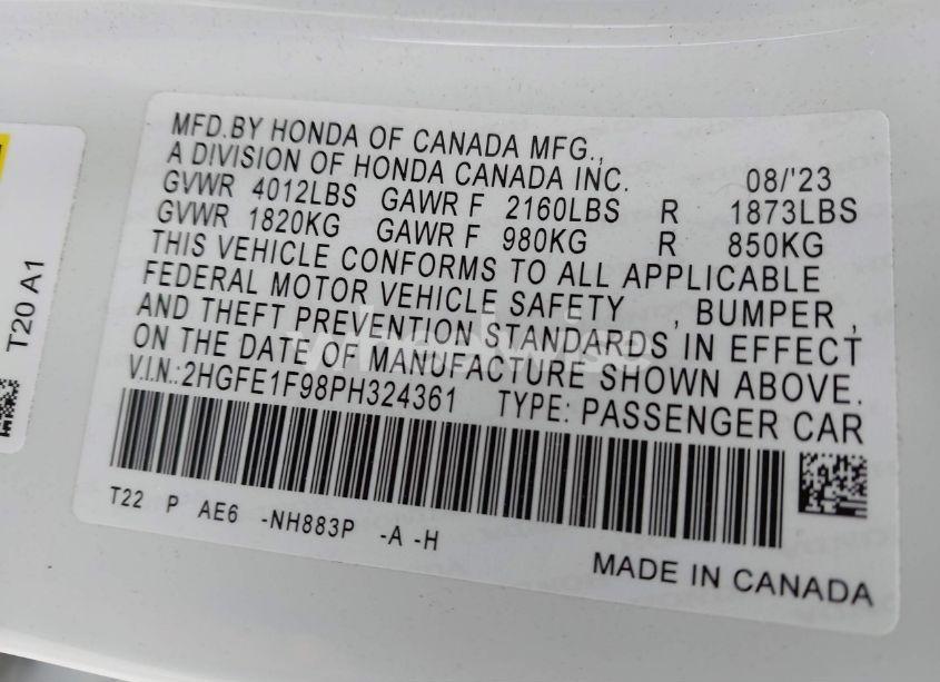 Photo 9 of 2023 Honda Civic TOURING (VIN 2HGFE1F98PH324361)