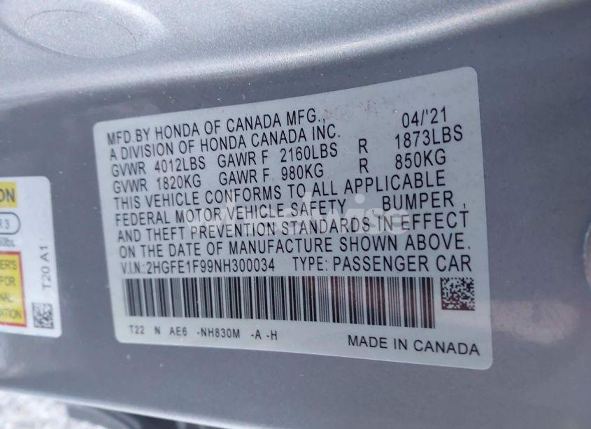 Photo 9 of 2022 Honda Civic TOURING (VIN 2HGFE1F99NH300034)