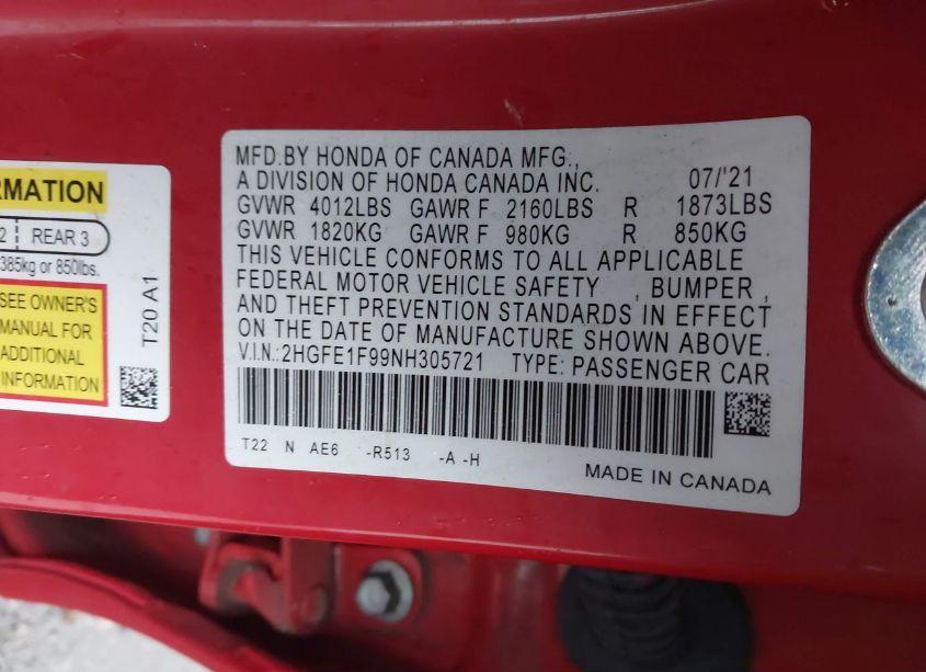 Photo 9 of 2022 Honda Civic TOURING (VIN 2HGFE1F99NH305721)