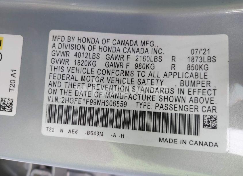 Photo 9 of 2022 Honda Civic TOURING (VIN 2HGFE1F99NH306559)