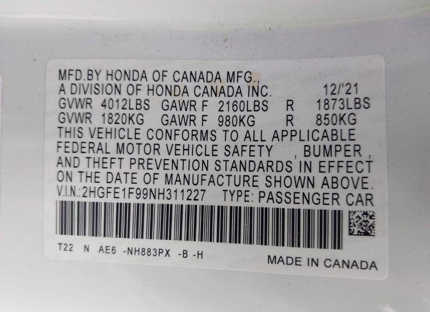 Photo 9 of 2022 Honda Civic TOURING (VIN 2HGFE1F99NH311227)
