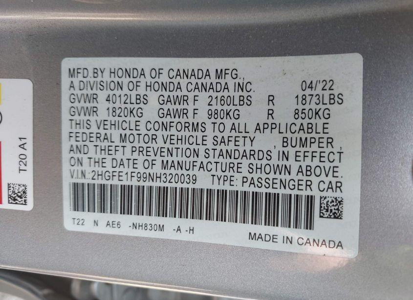 Photo 9 of 2022 Honda Civic TOURING (VIN 2HGFE1F99NH320039)