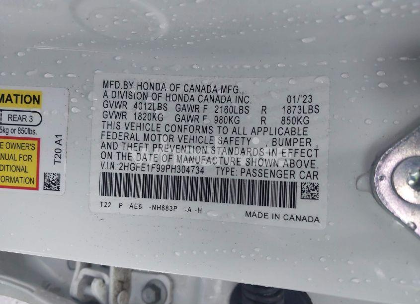 Photo 9 of 2023 Honda Civic TOURING (VIN 2HGFE1F99PH304734)