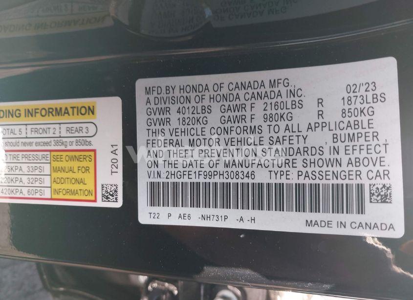 Photo 9 of 2023 Honda Civic TOURING (VIN 2HGFE1F99PH308346)