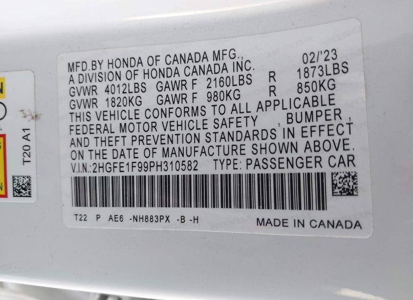 Photo 9 of 2023 Honda Civic TOURING (VIN 2HGFE1F99PH310582)