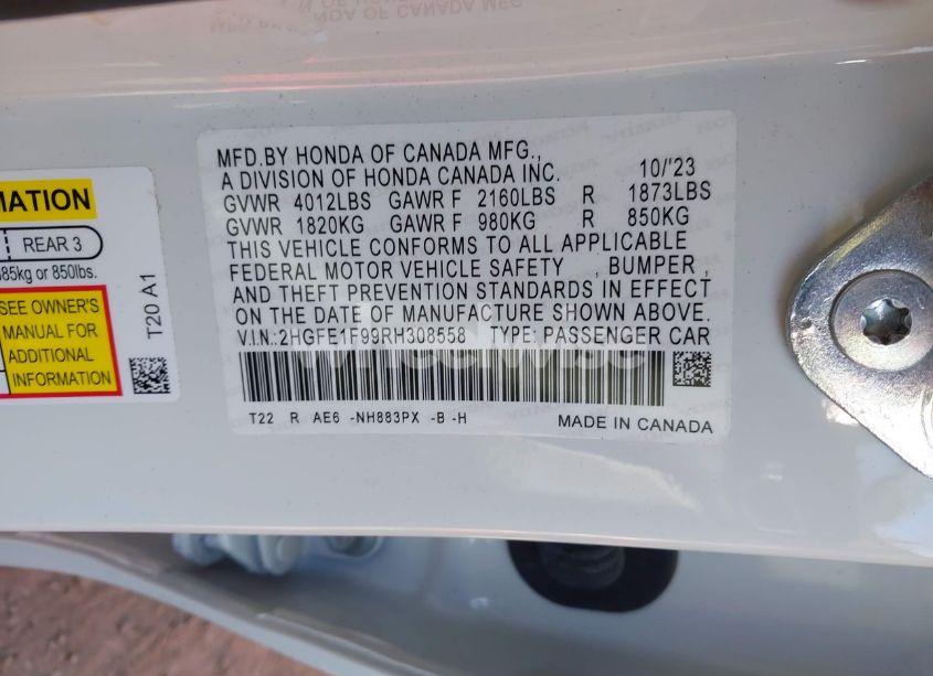 Photo 9 of 2024 Honda Civic TOURING (VIN 2HGFE1F99RH308558)