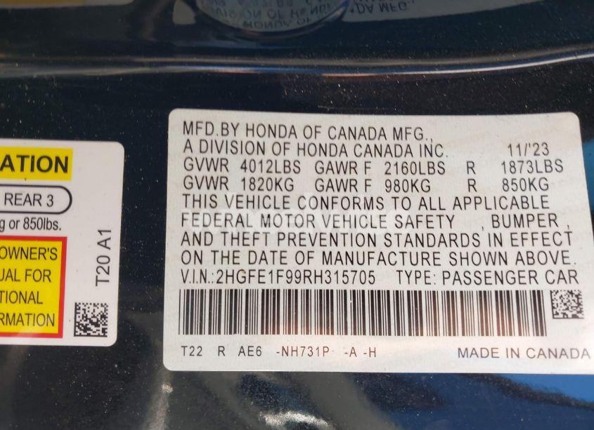 Photo 9 of 2024 Honda Civic TOURING (VIN 2HGFE1F99RH315705)