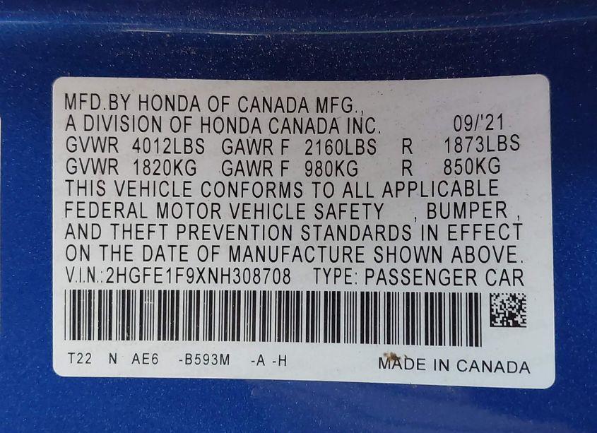 Photo 9 of 2022 Honda Civic TOURING (VIN 2HGFE1F9XNH308708)