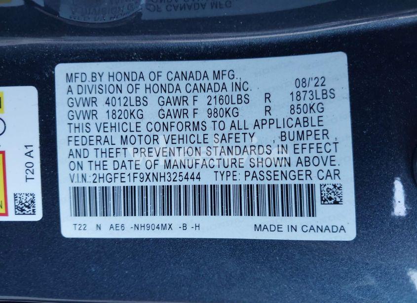 Photo 9 of 2022 Honda Civic TOURING (VIN 2HGFE1F9XNH325444)