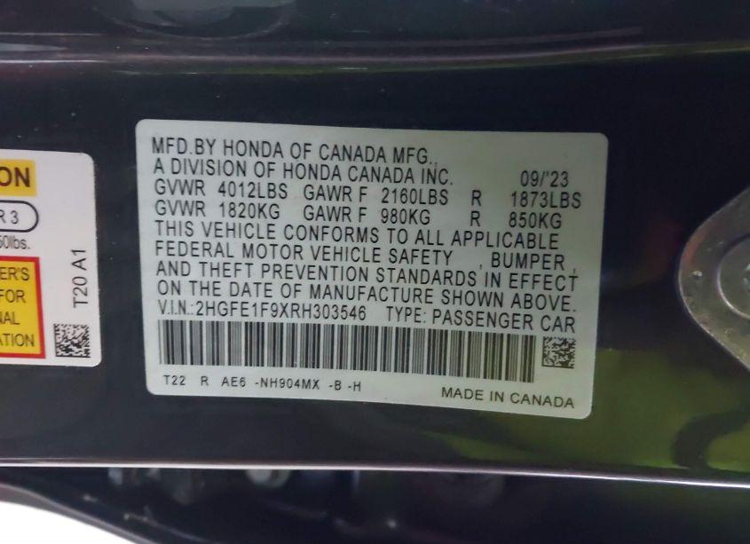 Photo 9 of 2024 Honda Civic TOURING (VIN 2HGFE1F9XRH303546)