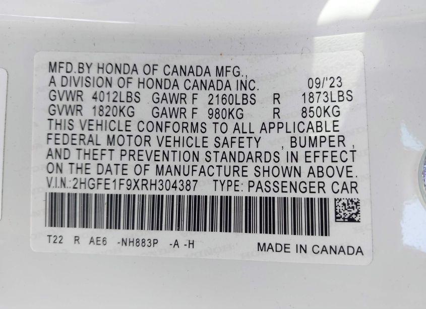 Photo 9 of 2024 Honda Civic TOURING (VIN 2HGFE1F9XRH304387)