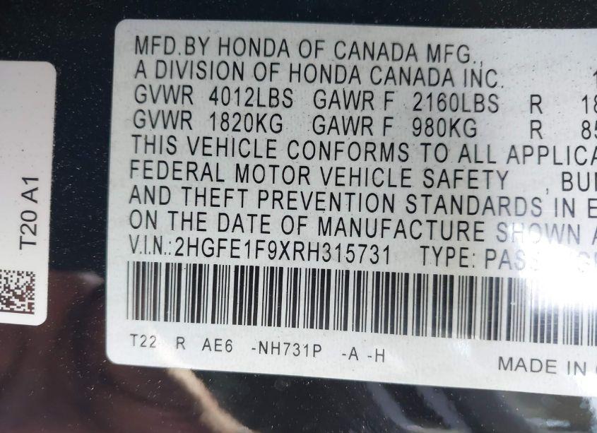 Photo 9 of 2024 Honda Civic TOURING (VIN 2HGFE1F9XRH315731)