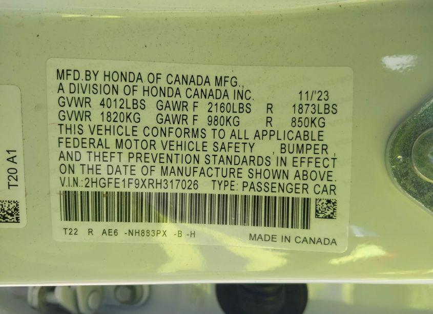 Photo 9 of 2024 Honda Civic TOURING (VIN 2HGFE1F9XRH317026)