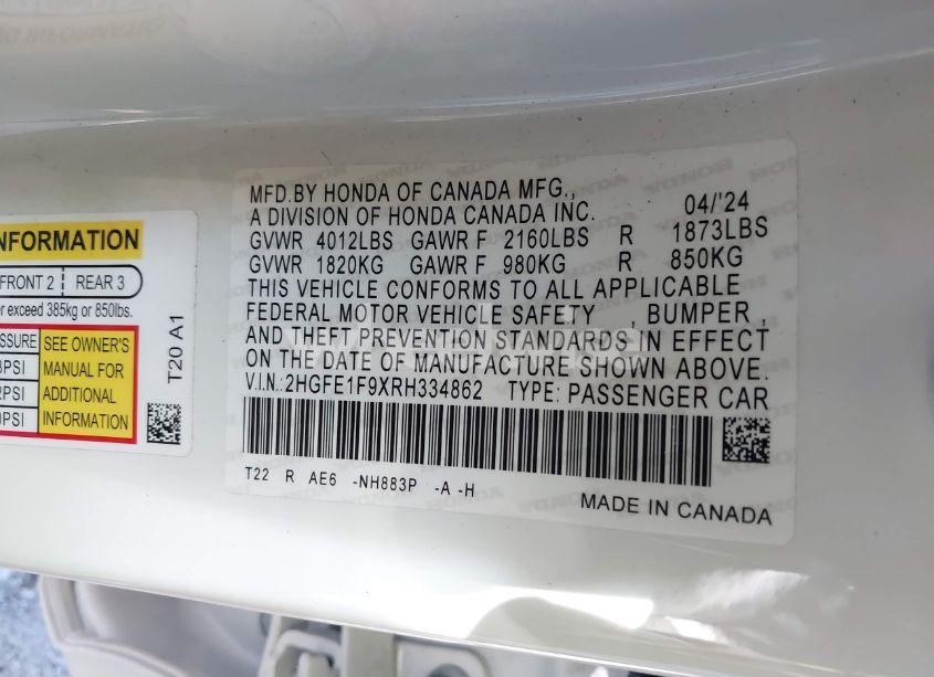 Photo 9 of 2024 Honda Civic TOURING (VIN 2HGFE1F9XRH334862)