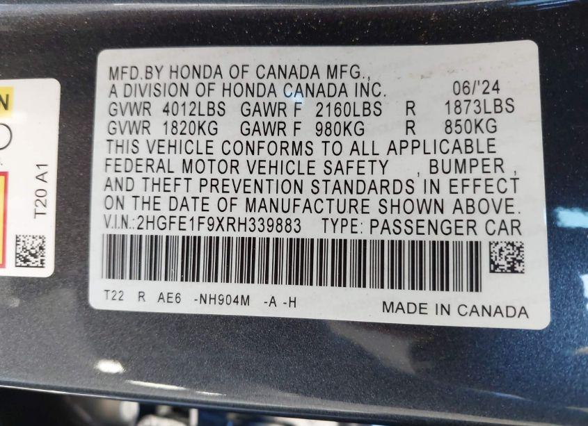 Photo 9 of 2024 Honda Civic TOURING (VIN 2HGFE1F9XRH339883)