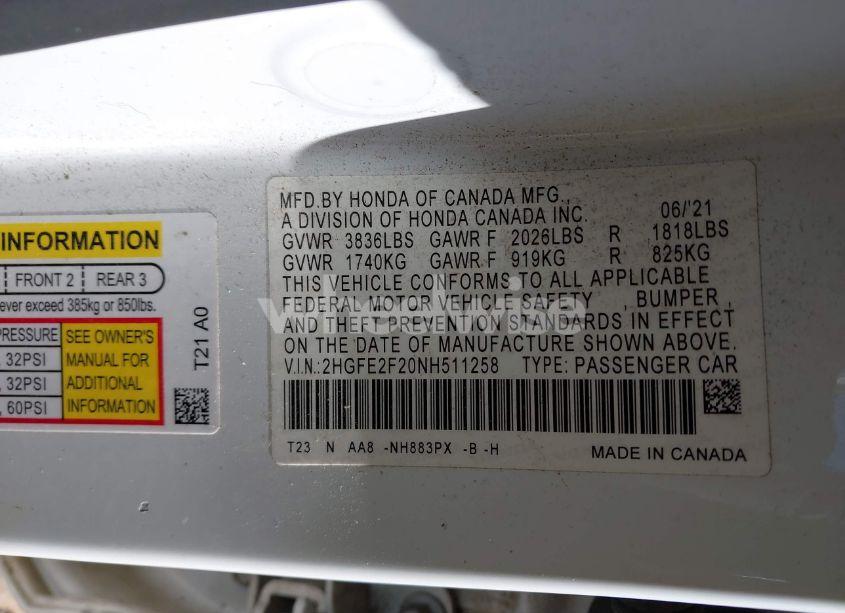 Photo 9 of 2022 Honda Civic LX (VIN 2HGFE2F20NH511258)