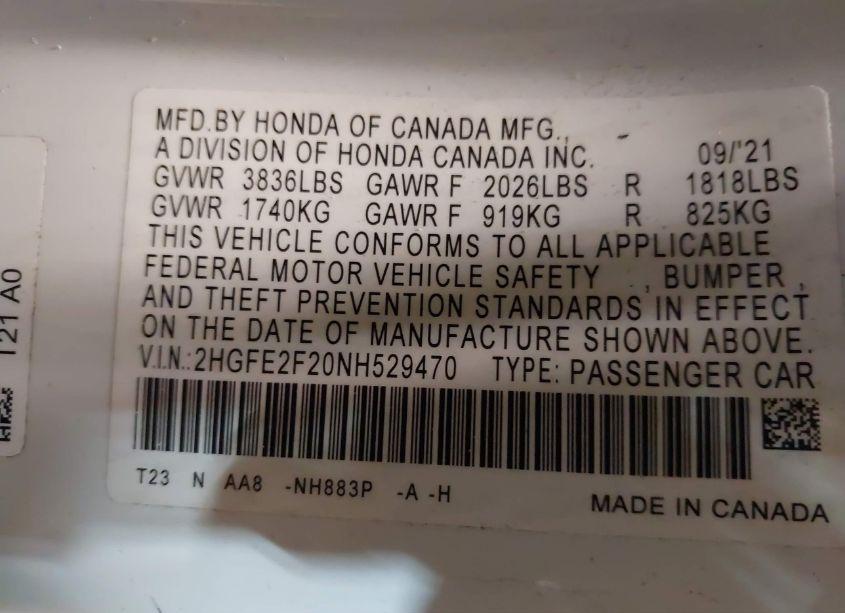 Photo 9 of 2022 Honda Civic LX (VIN 2HGFE2F20NH529470)