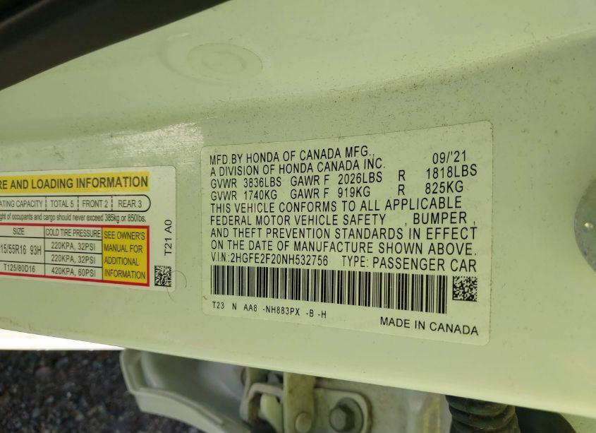 Photo 9 of 2022 Honda Civic LX (VIN 2HGFE2F20NH532756)