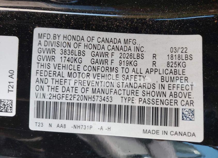 Photo 9 of 2022 Honda Civic LX (VIN 2HGFE2F20NH573453)