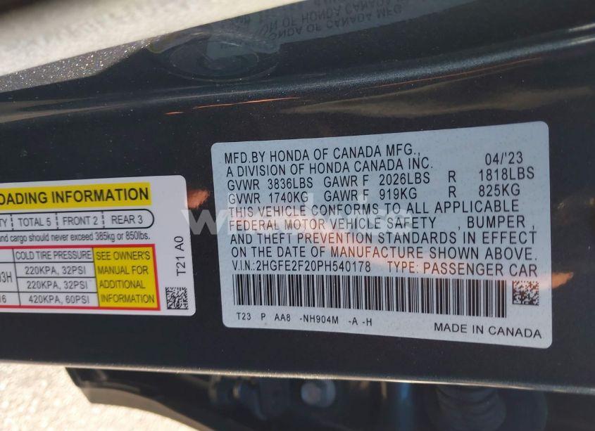 Photo 9 of 2023 Honda Civic LX (VIN 2HGFE2F20PH540178)