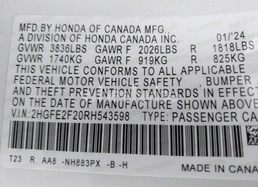 Photo 9 of 2024 Honda Civic LX (VIN 2HGFE2F20RH543598)