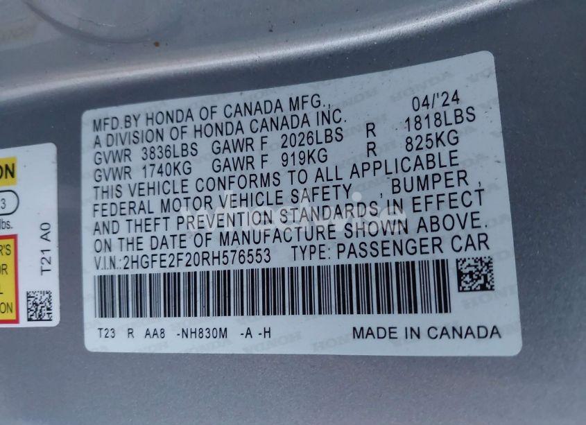 Photo 9 of 2024 Honda Civic LX (VIN 2HGFE2F20RH576553)