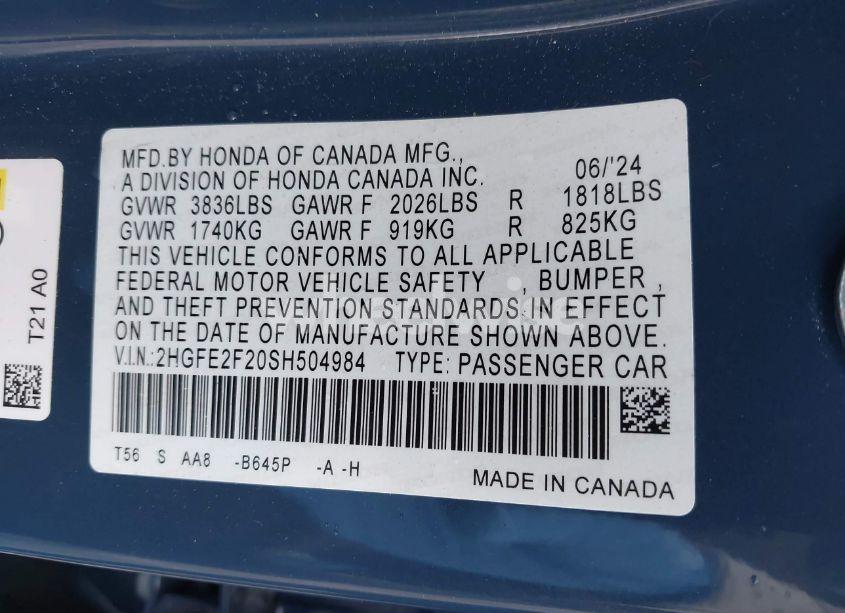 Photo 9 of 2025 Honda Civic LX (VIN 2HGFE2F20SH504984)