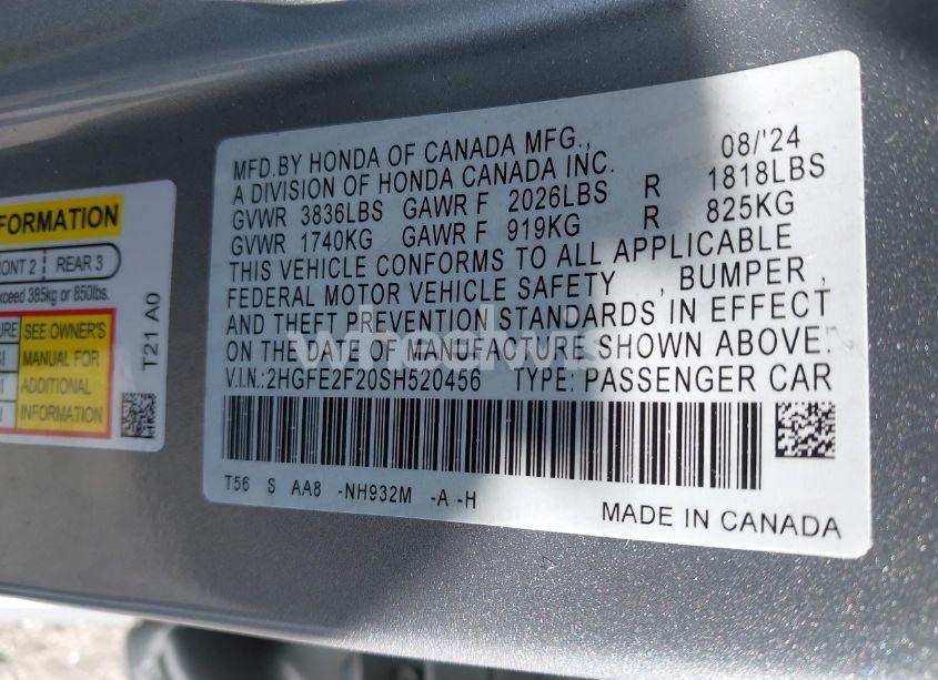 Photo 9 of 2025 Honda Civic LX (VIN 2HGFE2F20SH520456)