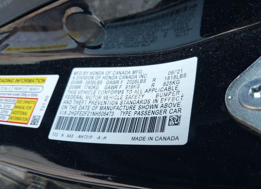 Photo 9 of 2022 Honda Civic LX (VIN 2HGFE2F21NH506473)