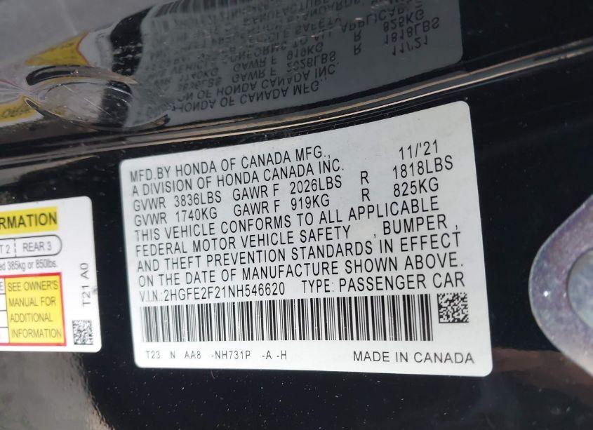 Photo 9 of 2022 Honda Civic LX (VIN 2HGFE2F21NH546620)