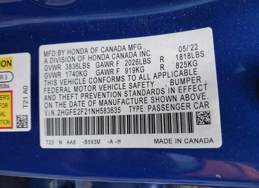 Photo 9 of 2022 Honda Civic LX (VIN 2HGFE2F21NH583635)