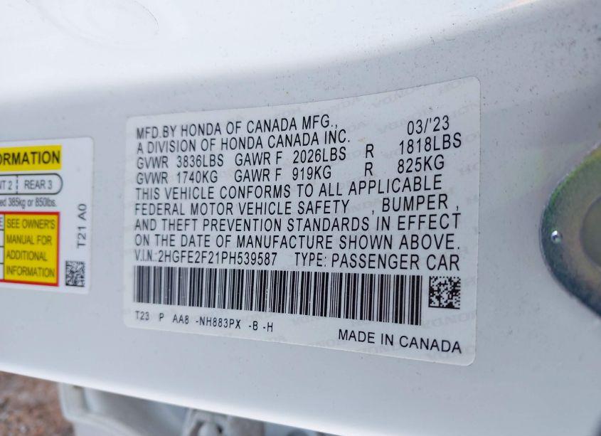 Photo 9 of 2023 Honda Civic LX (VIN 2HGFE2F21PH539587)