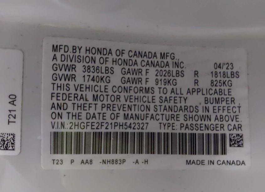 Photo 9 of 2023 Honda Civic LX (VIN 2HGFE2F21PH542327)