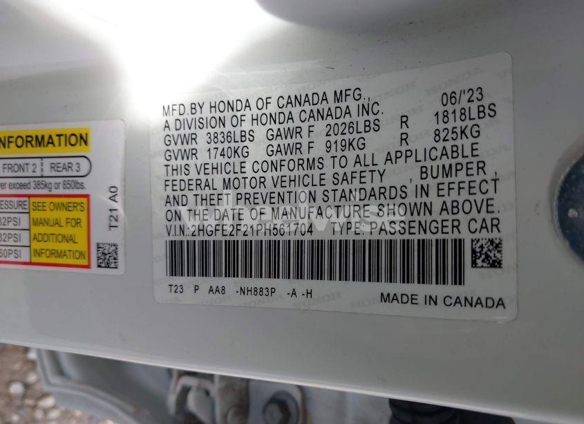 Photo 9 of 2023 Honda Civic LX (VIN 2HGFE2F21PH561704)