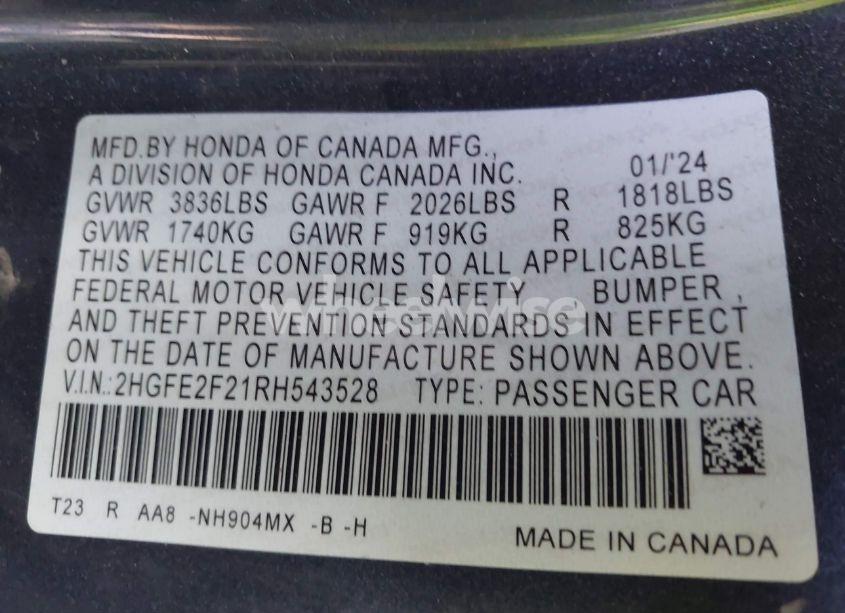 Photo 9 of 2024 Honda Civic LX (VIN 2HGFE2F21RH543528)