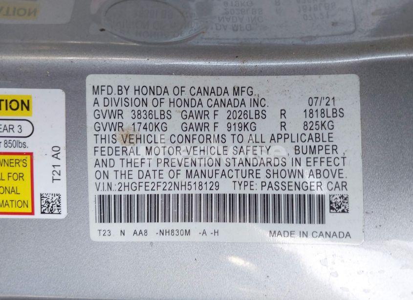 Photo 9 of 2022 Honda Civic LX (VIN 2HGFE2F22NH518129)